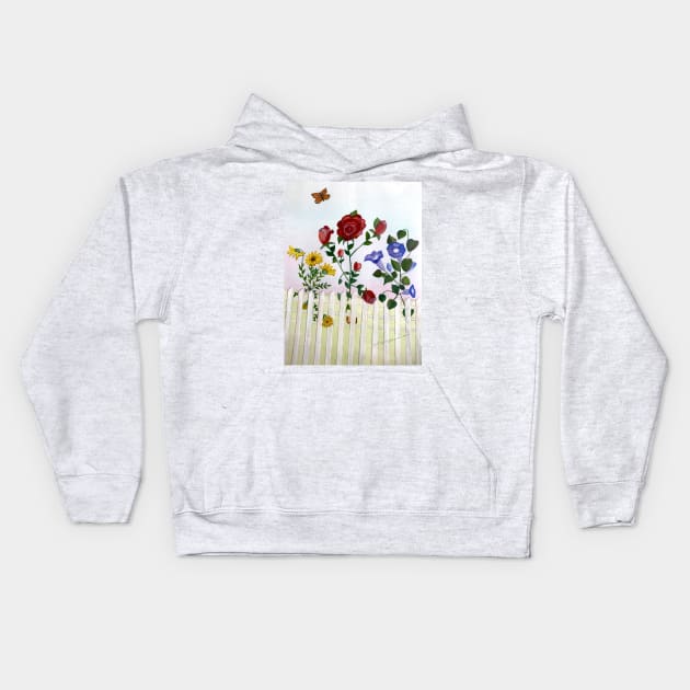 Flowers Growing Through Fence While Butterfly Hovers Kids Hoodie by MVdirector